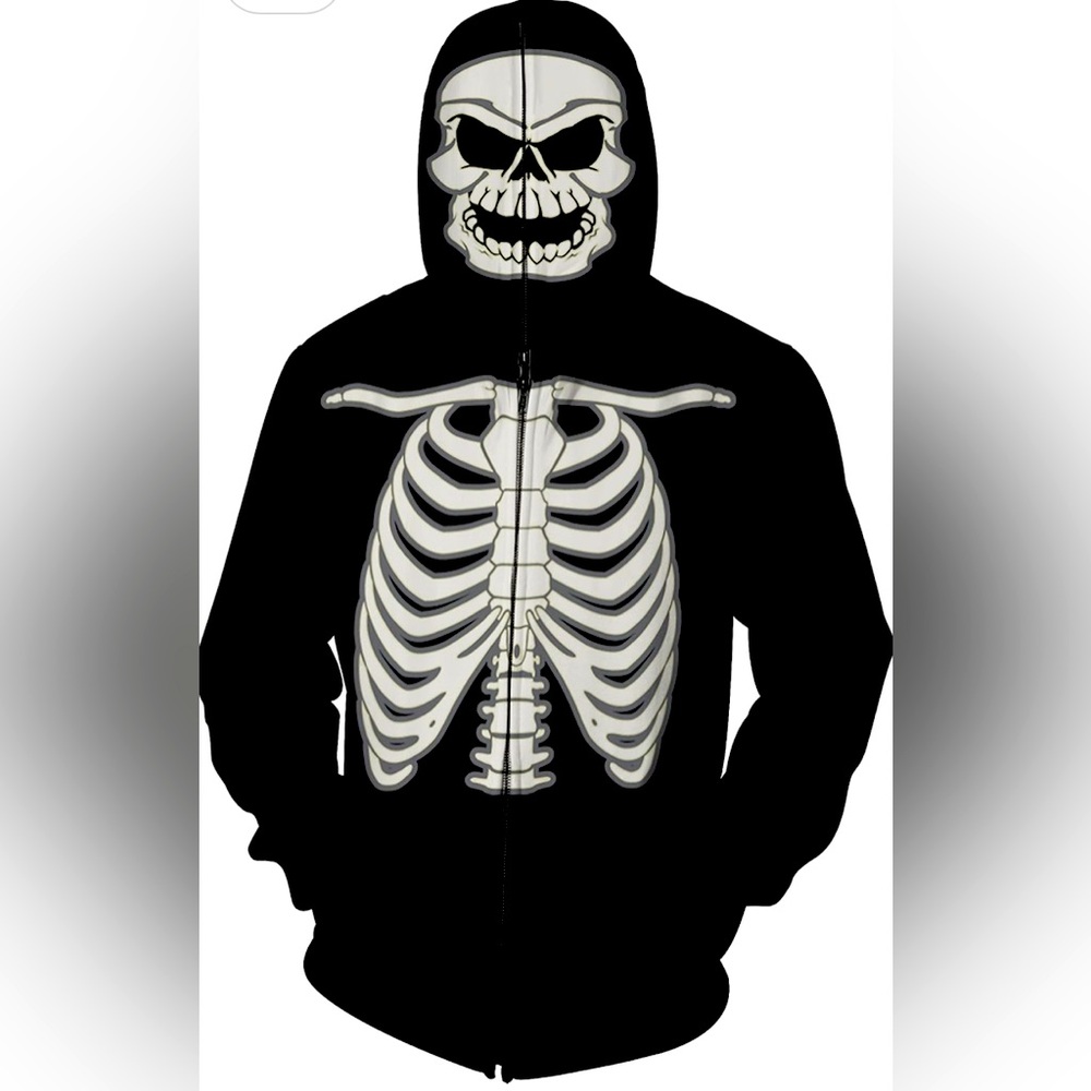 Glow in The Dark Skeleton Mask Full Zip Up Hoodie Halloween Costume for Boys XL